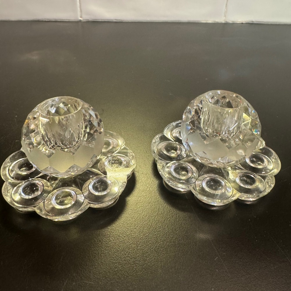 Crystal Glass Candle Holder Set 2 Clear Faceted Ball Scalloped Base Vintage